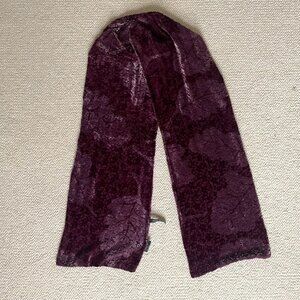 Silk velvet burn-out scarf in plum purple with floral/leaf print whimsical